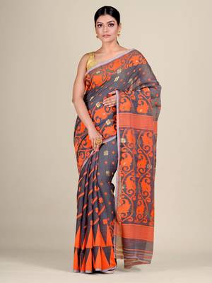 Grey Hand Woven Silk Cotton Saree Without Blouse 1