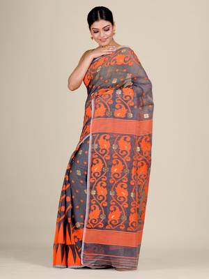 Grey Hand Woven Silk Cotton Saree Without Blouse 2