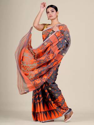 Grey Hand Woven Silk Cotton Saree Without Blouse 3