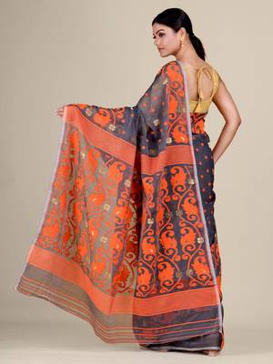 Grey Hand Woven Silk Cotton Saree Without Blouse 4