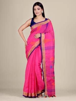 Dark pink hand woven linen saree with blouse 1