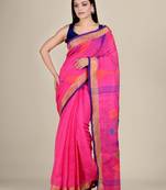 Dark pink hand woven linen saree with blouse