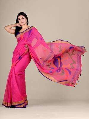 Dark pink hand woven linen saree with blouse 2