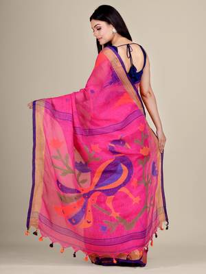 Dark pink hand woven linen saree with blouse 3