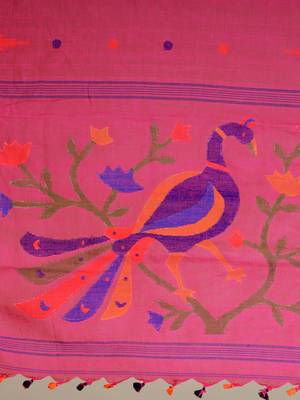 Dark pink hand woven linen saree with blouse 4