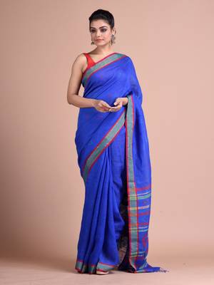 Blue hand woven linen saree with blouse 1