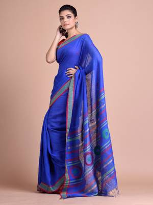 Blue hand woven linen saree with blouse 2