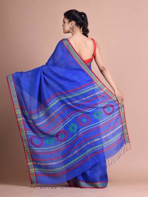 Blue hand woven linen saree with blouse 3