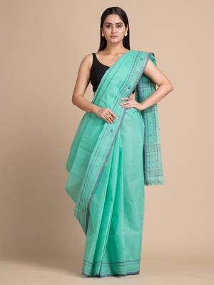 Sky Blue Hand Woven Pure Cotton Saree Without Blouse 1