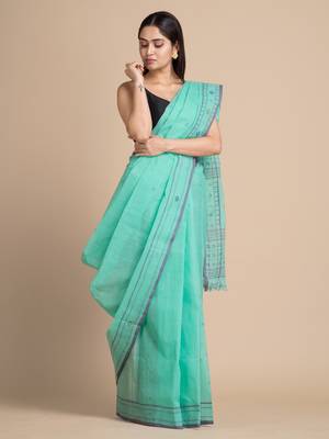 Sky Blue Hand Woven Pure Cotton Saree Without Blouse 3