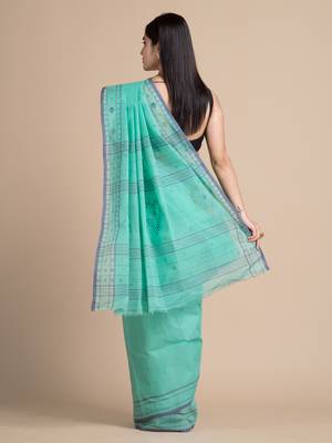 Sky Blue Hand Woven Pure Cotton Saree Without Blouse 4