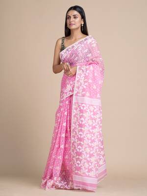Baby pink hand woven silk cotton saree  2
