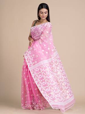 Baby pink hand woven silk cotton saree  3
