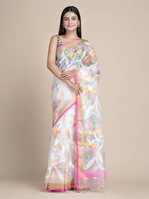 White hand woven matka silk saree with blouse 2