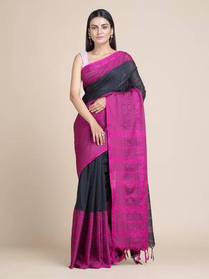 Black hand woven pure cotton saree with blouse 1