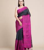 Black hand woven pure cotton saree with blouse