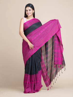 Black hand woven pure cotton saree with blouse 2