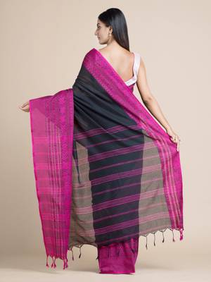 Black hand woven pure cotton saree with blouse 3