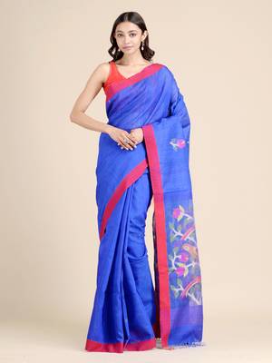 Blue hand woven matka silk saree with blouse 1