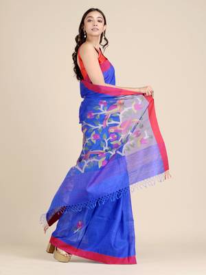 Blue hand woven matka silk saree with blouse 2