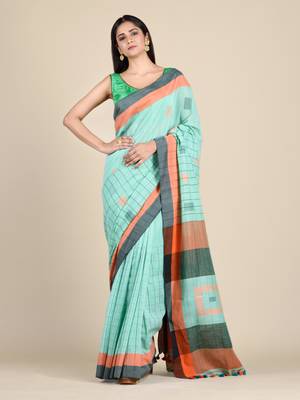 Sea green hand woven pure cotton saree with blouse 1