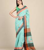 Sea green hand woven pure cotton saree with blouse