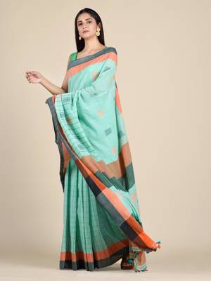 Sea green hand woven pure cotton saree with blouse 2
