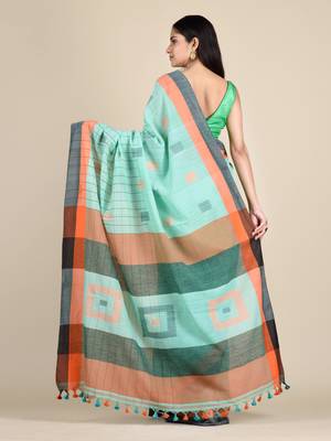 Sea green hand woven pure cotton saree with blouse 4