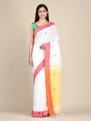 White hand woven pure cotton saree with blouse 1