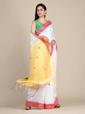 White hand woven pure cotton saree with blouse 2