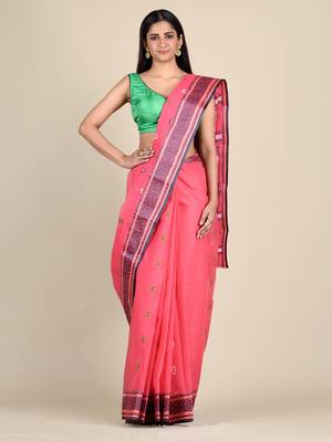 Pink Hand Woven Pure Cotton Saree Without Blouse 1