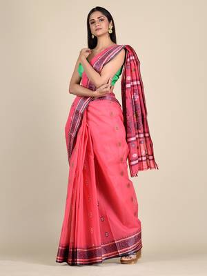 Pink Hand Woven Pure Cotton Saree Without Blouse 2
