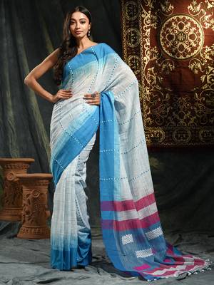 White hand woven pure cotton saree with blouse 1