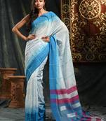 White hand woven pure cotton saree with blouse