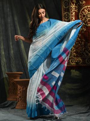 White hand woven pure cotton saree with blouse 2