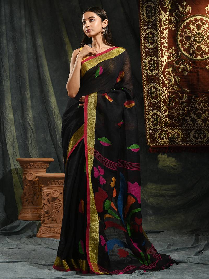 Black hand woven pure linen saree with blouse