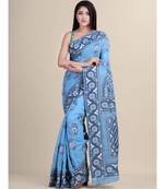 Sky Blue & black Cotton Silk Hand Woven  KATHA STITCH Jamdani Handloom Saree