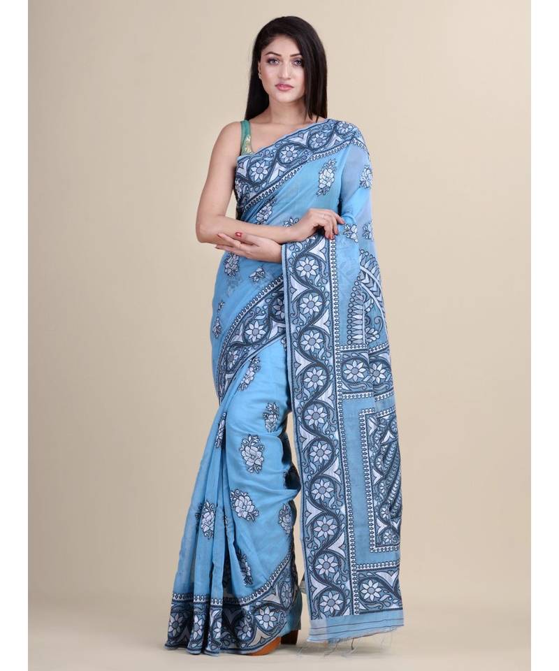 Sky Blue & black Cotton Silk Hand Woven  KATHA STITCH Jamdani Handloom Saree