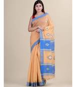 BEIGE & BLUE Cotton Silk Hand Woven Tant Jamdani KATHA STITCH Handloom   Saree