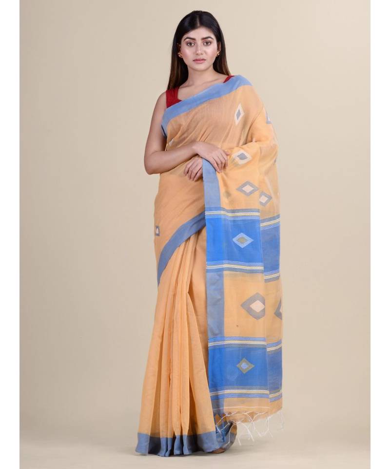 BEIGE & BLUE Cotton Silk Hand Woven Tant Jamdani KATHA STITCH Handloom   Saree