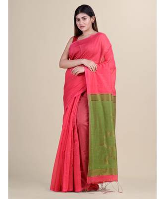 MAGENTA & OLIVE GREEN Cotton Silk Hand Woveni SEQUENCE Handloom Jamdani   Saree 1