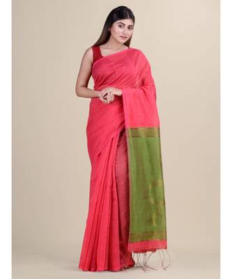 MAGENTA & OLIVE GREEN Cotton Silk Hand Woveni SEQUENCE Handloom Jamdani   Saree 5