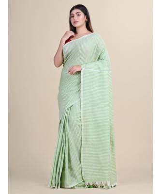 PISTA GREEN & WHITE Cotton Silk Hand PRINTED  Jamdani Handloom Saree 1