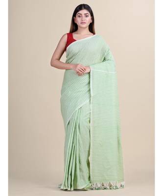 PISTA GREEN & WHITE Cotton Silk Hand PRINTED  Jamdani Handloom Saree 3