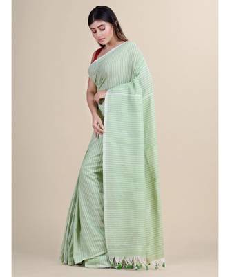 PISTA GREEN & WHITE Cotton Silk Hand PRINTED  Jamdani Handloom Saree 5