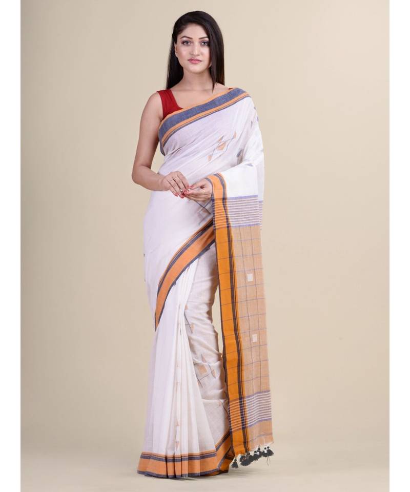 WHITE & BROWN Pure  Cotton Silk Hand Woven  Jamdani  Handloom   Saree