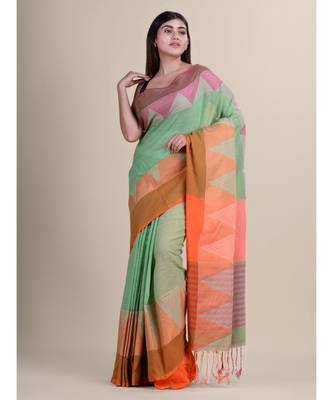 GREEN & ORANGE Pure Cotton Silk Hand Woven  Jamdani  Handloom   Saree 1