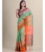 GREEN & ORANGE Pure Cotton Silk Hand Woven  Jamdani  Handloom   Saree