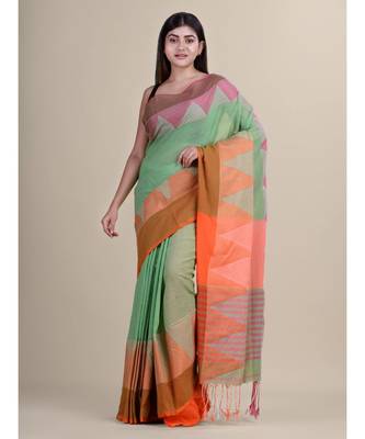 GREEN & ORANGE Pure Cotton Silk Hand Woven  Jamdani  Handloom   Saree 3