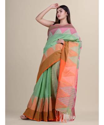 GREEN & ORANGE Pure Cotton Silk Hand Woven  Jamdani  Handloom   Saree 5
